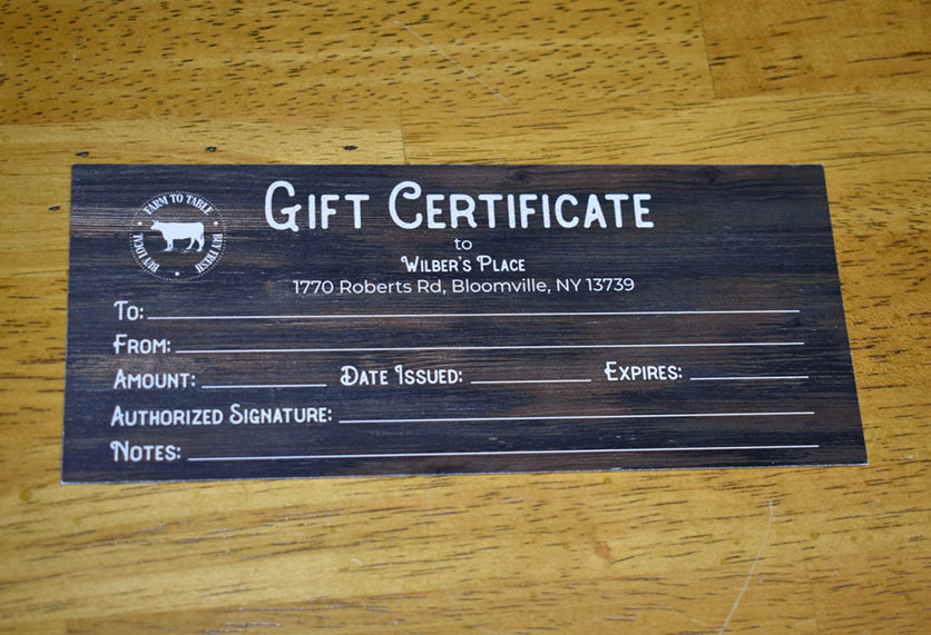 wilbers place gift certificate