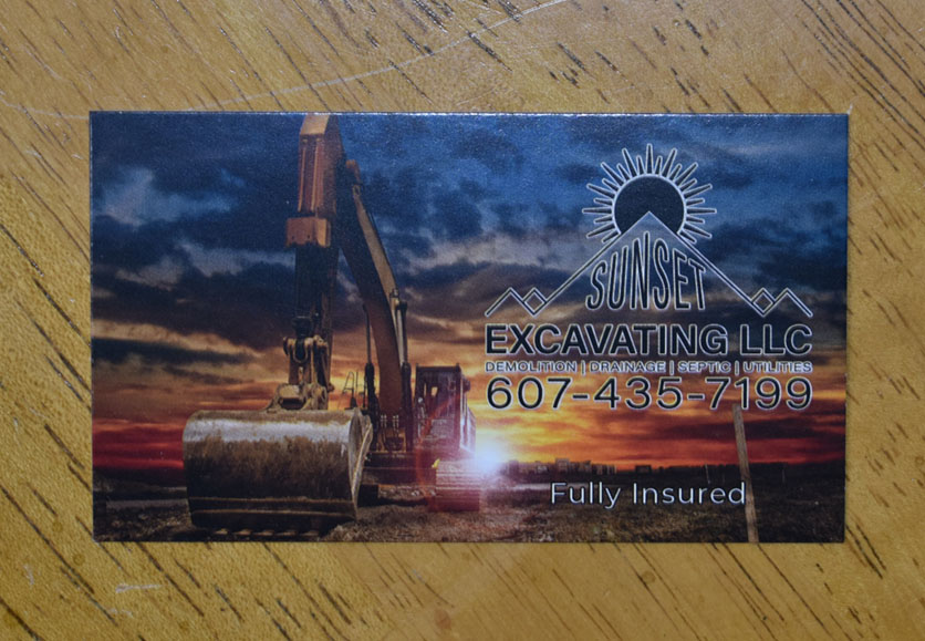 sunset excavating business cards